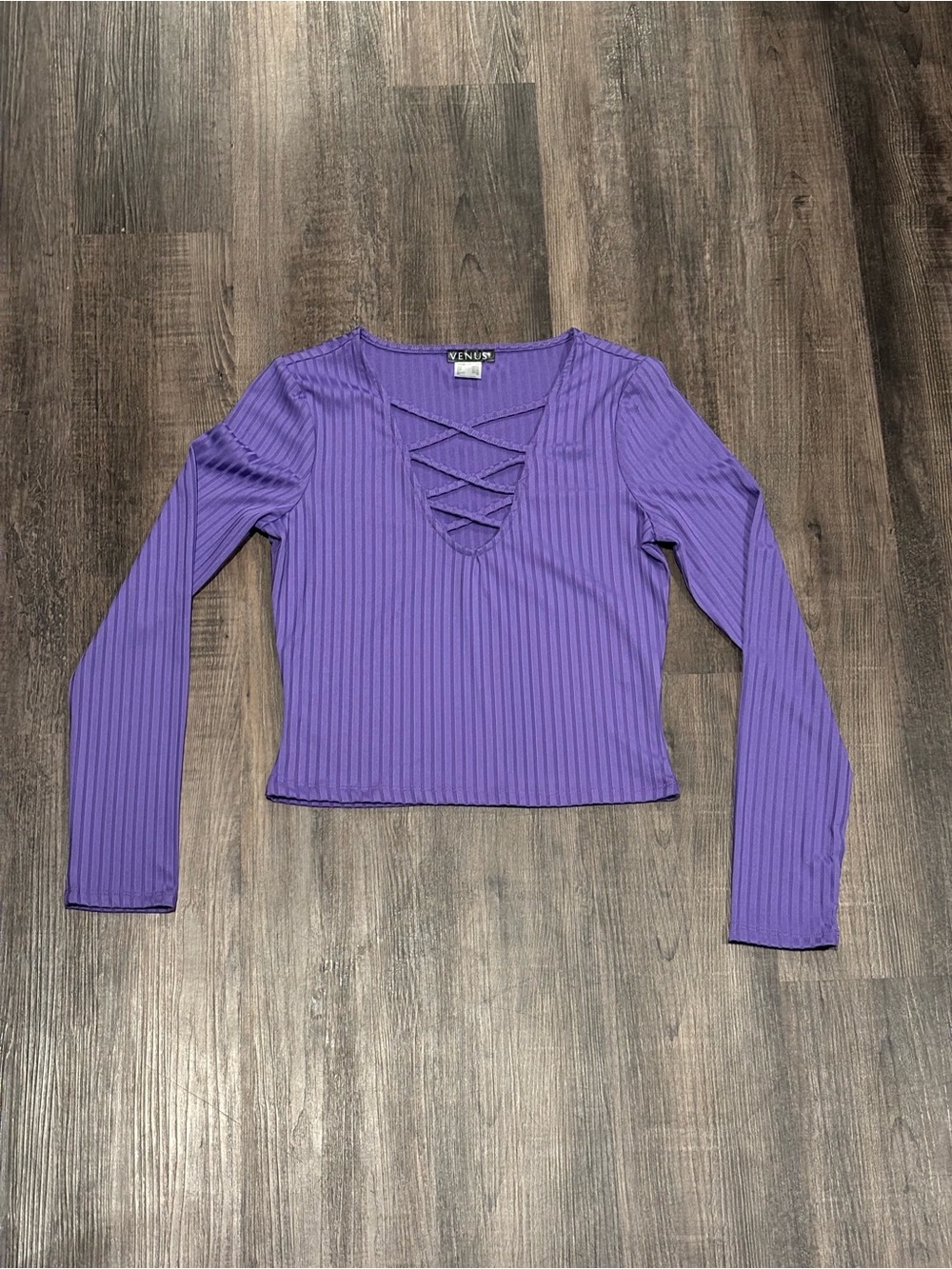 VENUS Purple Ribbed Long-Sleeve Crisscross V-Neck Top